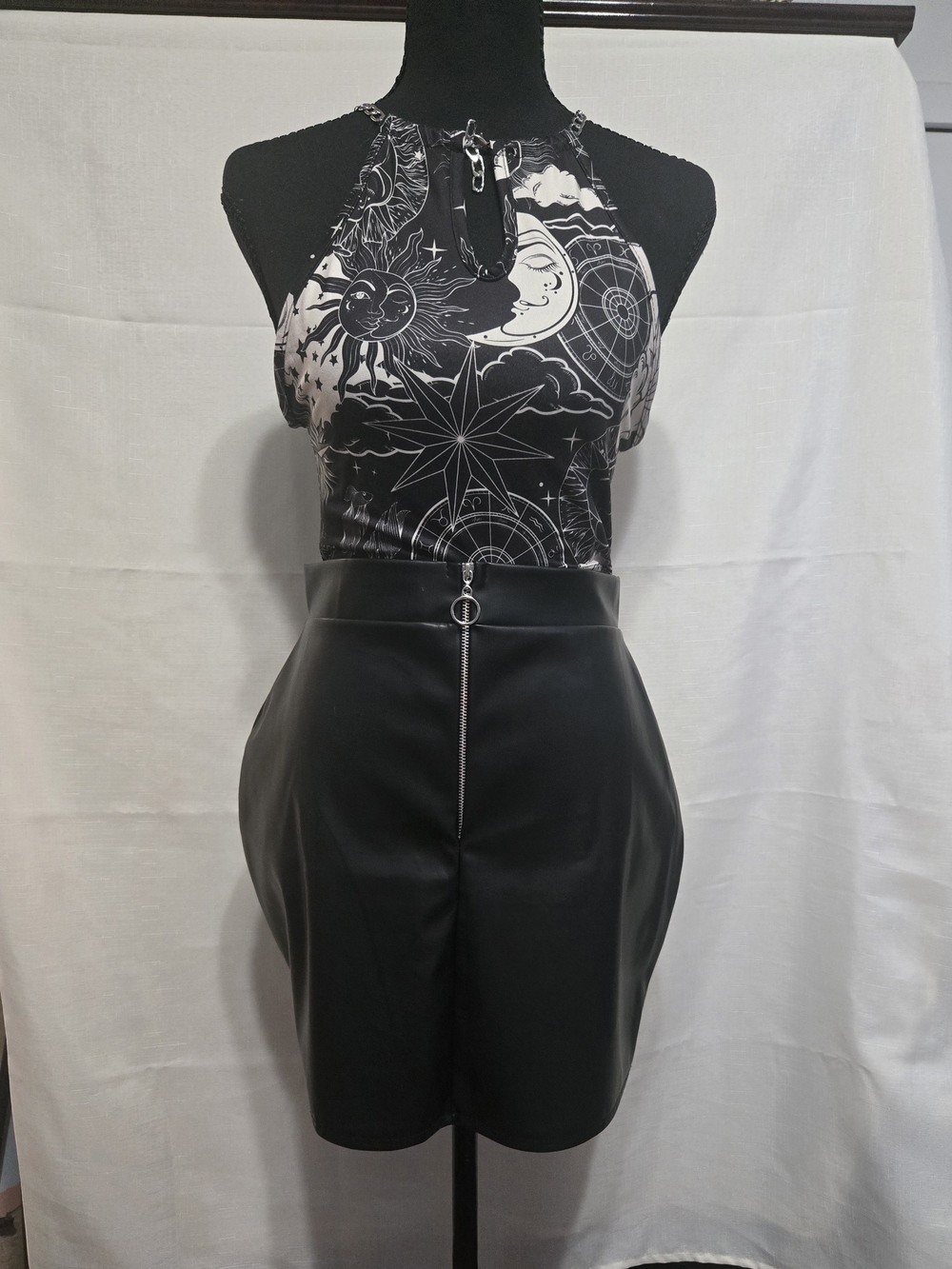 Whimsigoth Astrology Halter Top & PU Leather Zippered Skirt 2-Piece Set Size M